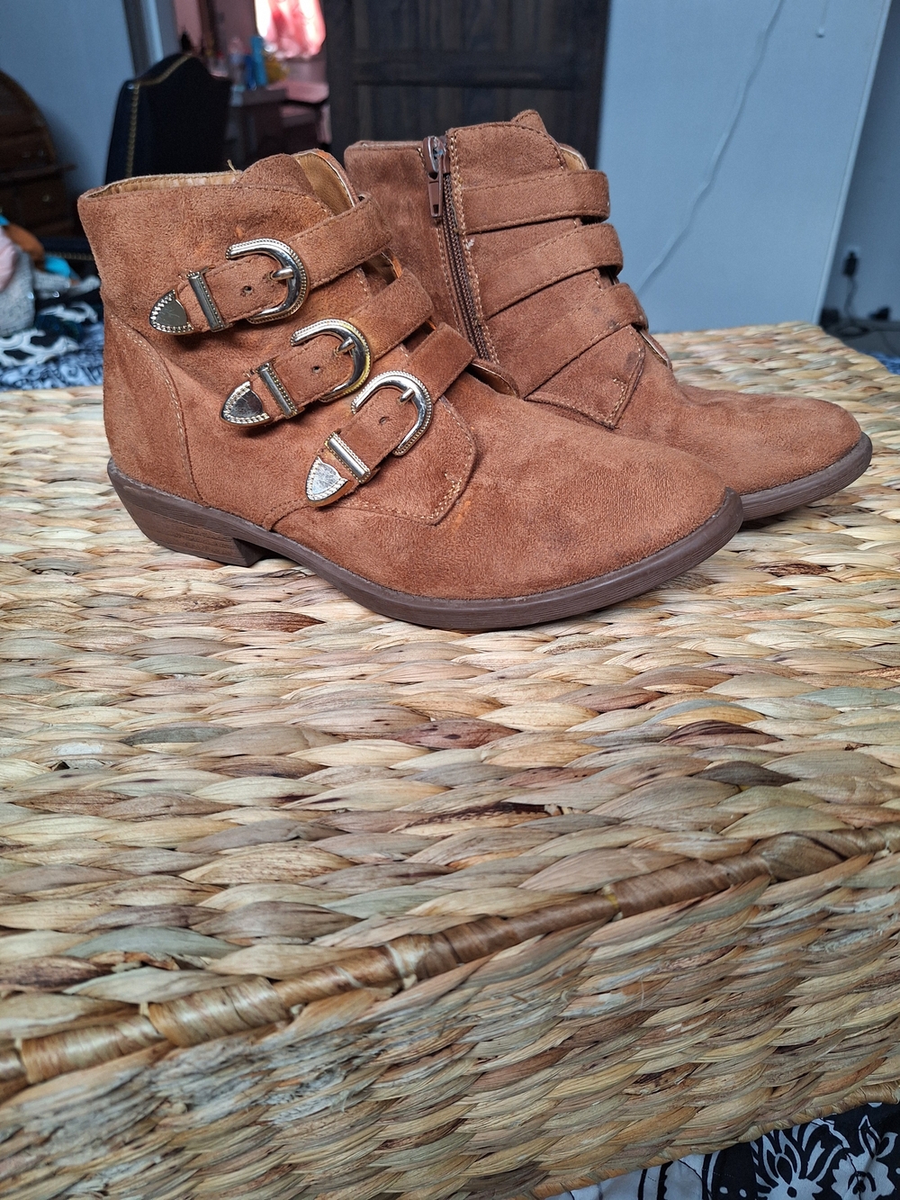 4fabkids Tan Suede Ankle Boots with Triple Buckle Detail
